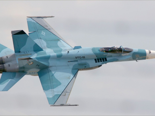 Hornet with a MIG-29 Fulcrum paint overlay. The black painted pretend auxiliary air doors under the cockpit are perfect. The last few feet of the engines are left grey to visually align with the original.